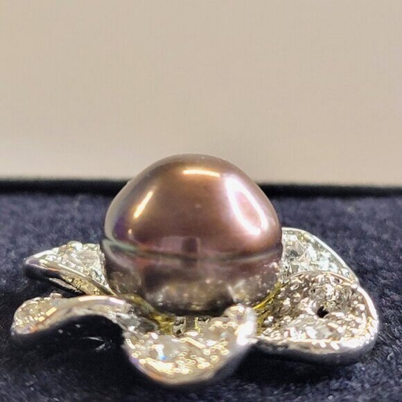Genuine Brown Pearl and Swaroski Flower Ring Size 6 - Picture 5 of 12